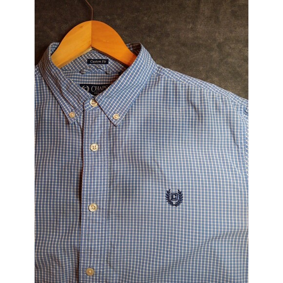 Mens Chaps Long Sleeve Button Down Shirt Large Blue White Check Pattern - Picture 1 of 5